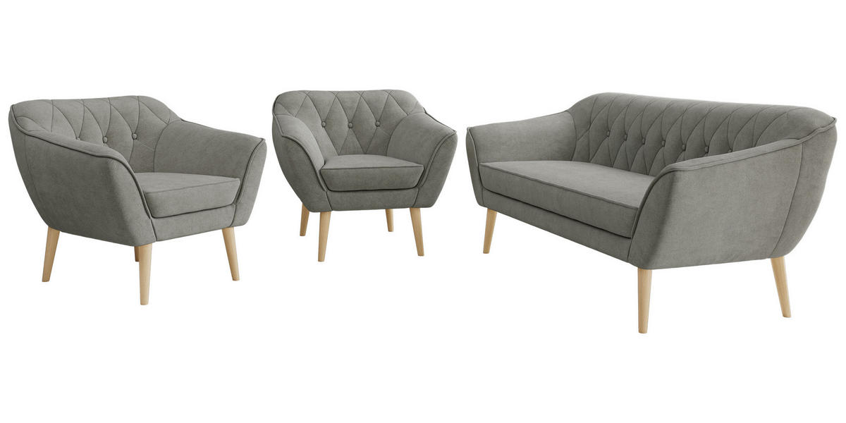 SEDACIA ZOSTAVA 3+1+1 PIRS - Sivá Štruktúrovaná látka - Drevené nohy - farba buka/sivá, kompozitné drevo/textil (180/75/74cm) - MKS