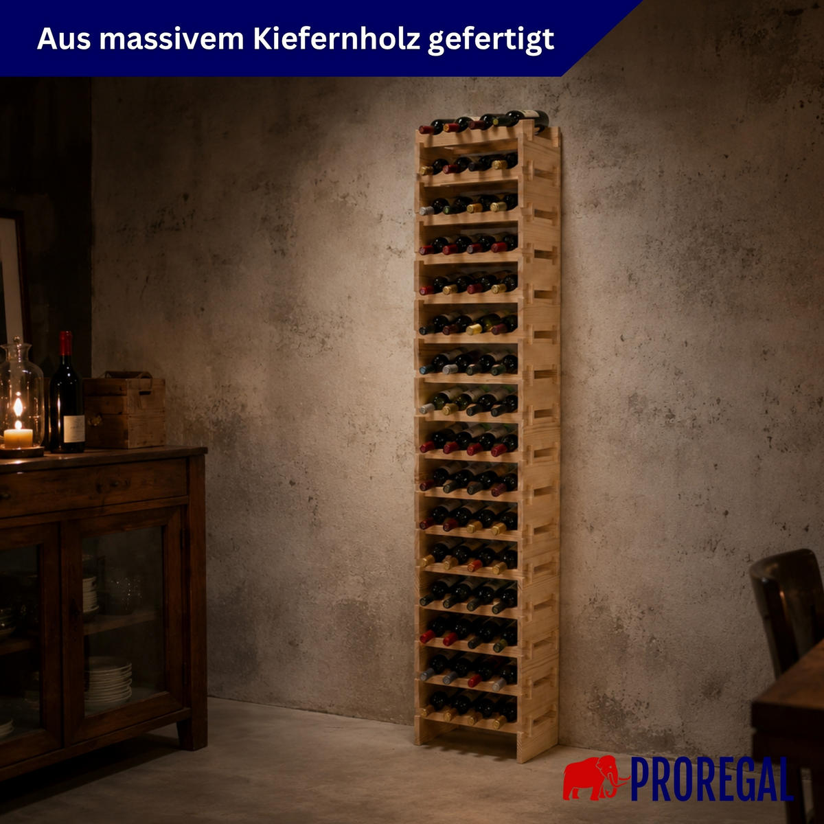 WEINREGAL NAVARRA aus Holz 219x46x28cm 64 Flaschen auf 16 Ebenen Natur unbehandelt - Naturfarben, Holz (46/219/28cm) - PROREGAL