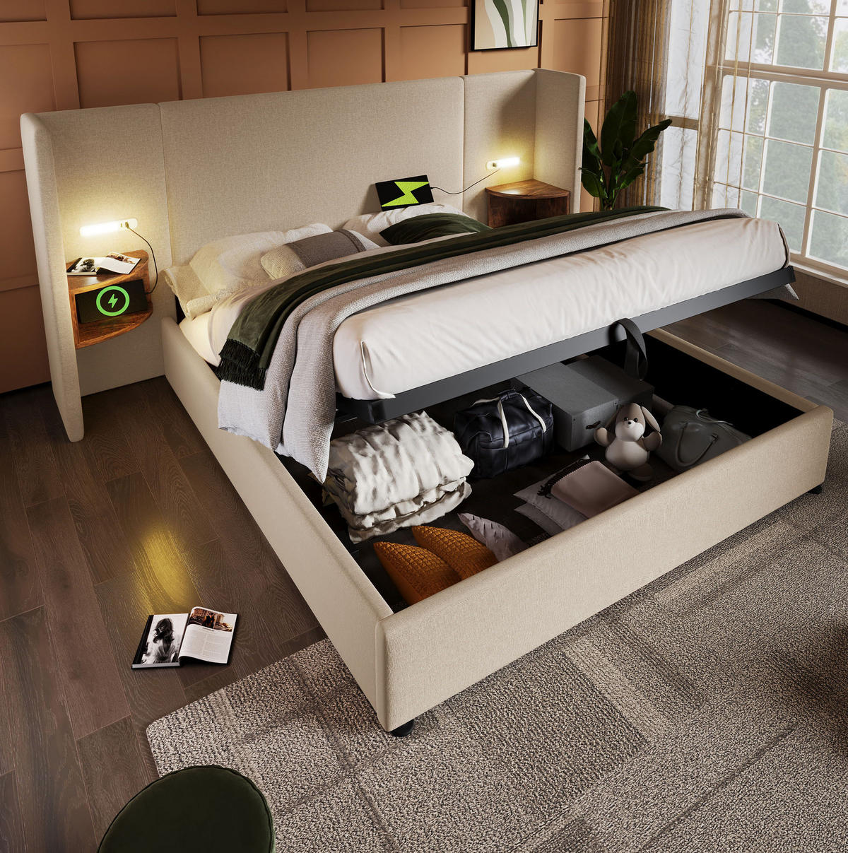 POLSTERBETT mit Bettkasten 160/200 cm in Beige mit Leselampe und USB-C - Beige, Textil (160/200cm) - BEAOK