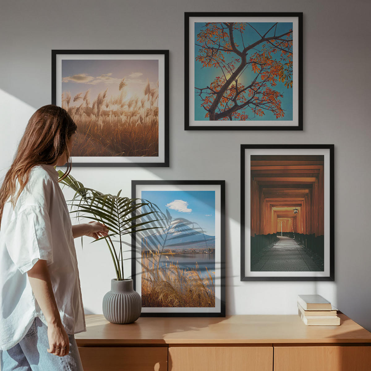 BILDER SET 4er Set - 50x50 cm & 40x60 cm Schwarzer Rahmen - Japanische Naturlandschaften - Schwarz, Kunststoff (50/50cm) - TULUP