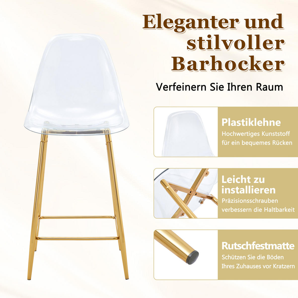 BARHOCKER transparenter Kunststoffsitz mit Metallgestell in Gold - Goldfarben, Kunststoff (45/102/51cm) - MIVRAY