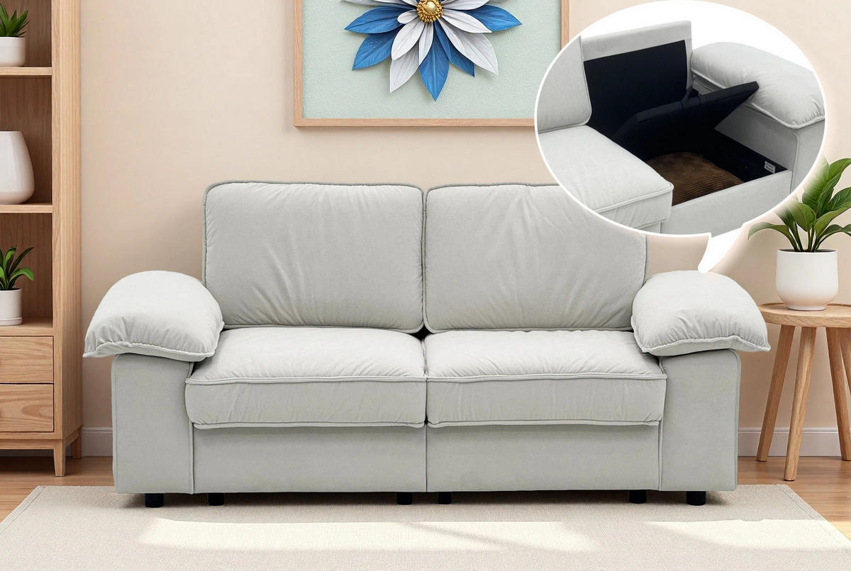 SOFA mit Stauraum Kurzplüsch-Polyester Bezug und Taschenfederkern 201/91/89 cm Creme - Creme, Textil (91/89/201cm) - Redom
