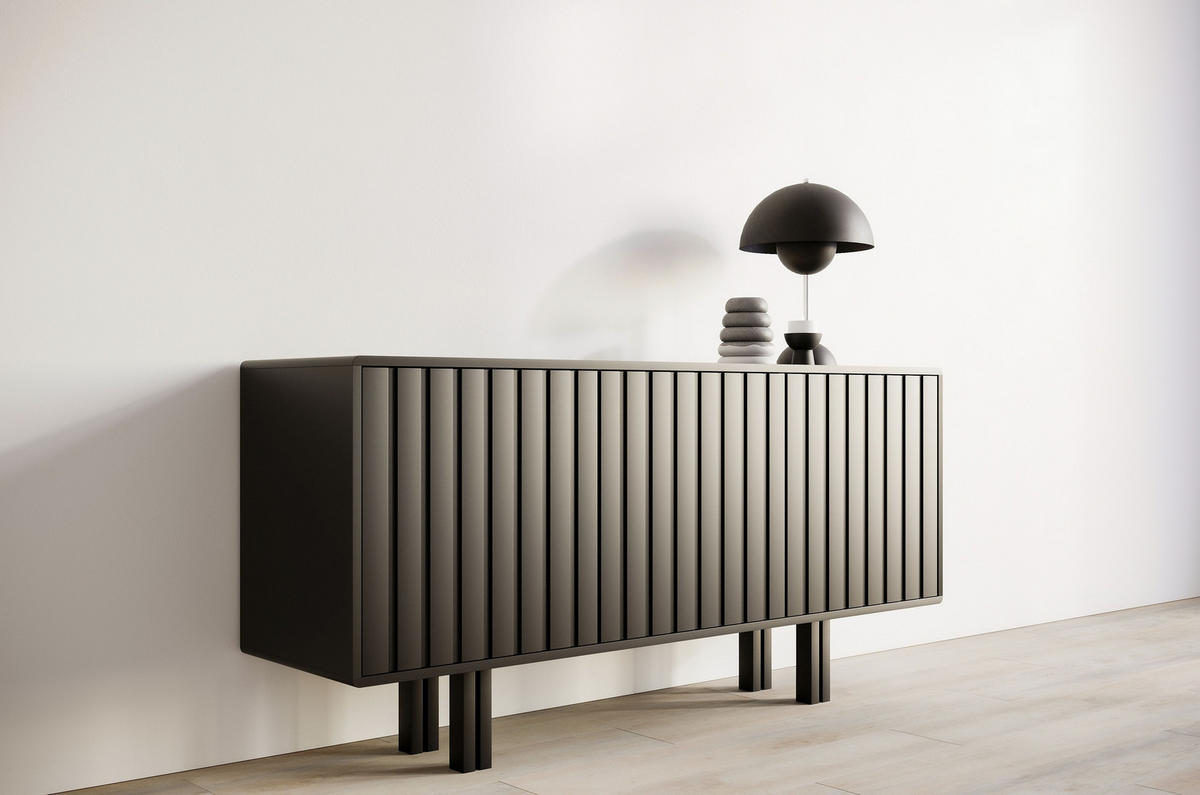 SIDEBOARD Vigge, Weiß, Push-To-Open System , Lamellen Effekt - Weiß, Holzwerkstoff/Buchenholz (149/73/40cm) - Skandica