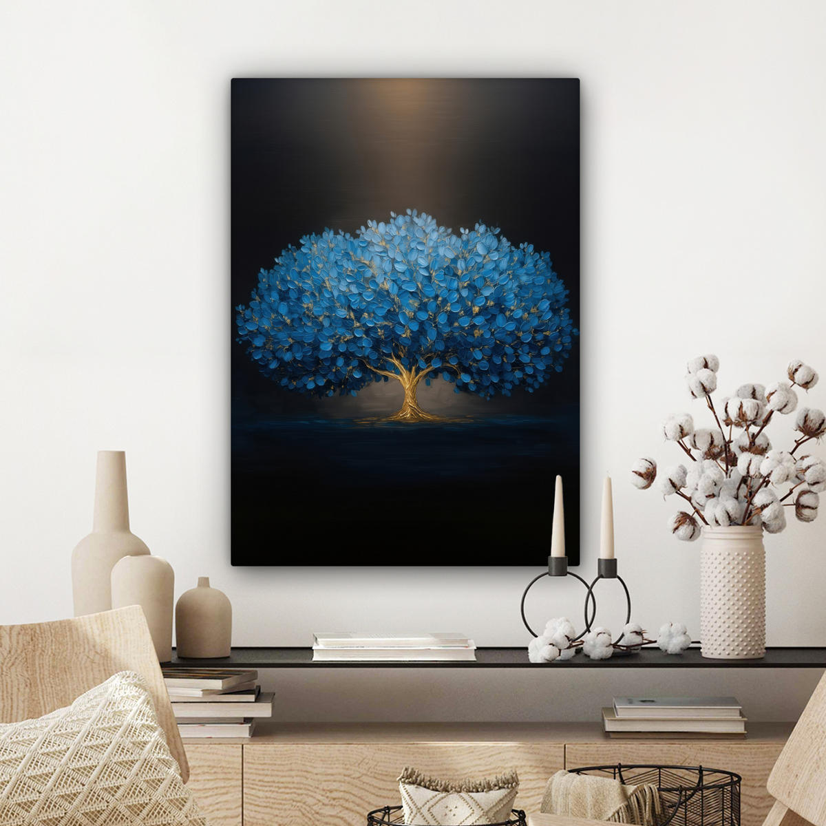LEINWANDBILD Baum - Blau - Blätter - Pinselstriche Wandbild Wohnzimmer 60x80 cm - Blau, Textil (60/80cm) - MuchoWow