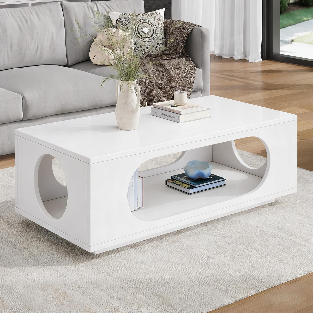 COUCHTISCH in Weiß Hochglänzender Wohnzimmertisch mit LED (App-Steuerung), B100/T50H35 cm - Weiß, Holzwerkstoff (50/100/35cm) - STILVORA