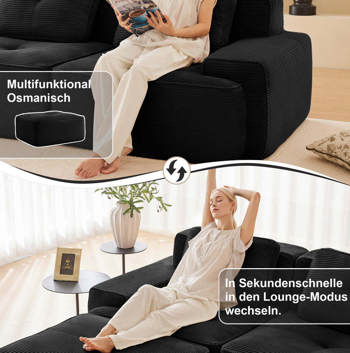SOFA modular mit Tiefsitz 74 cm Cord Schwarz - Schwarz, Textil (293/69/104cm) - IVMEU