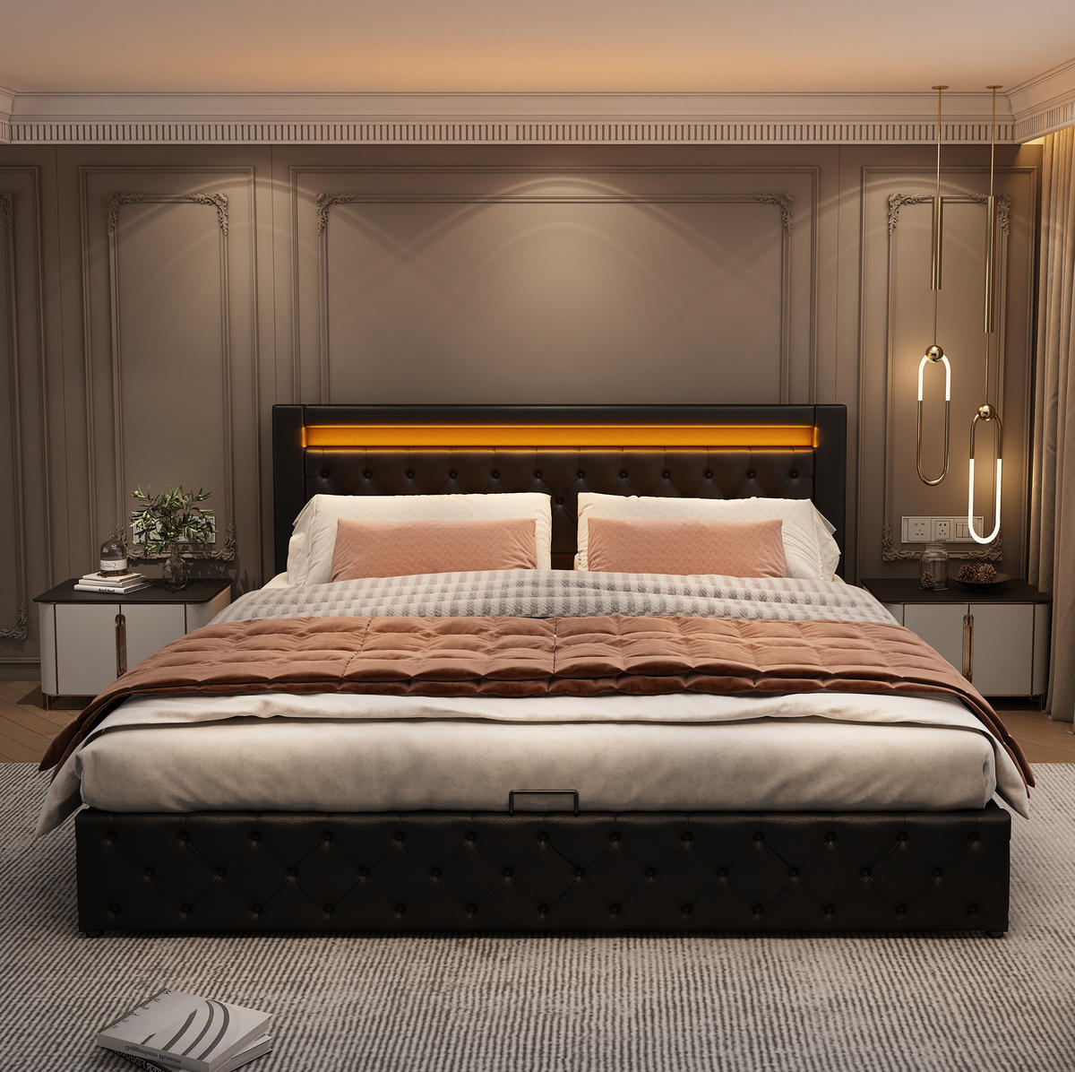 BETT mit Bettkasten und LED 140x200 cm PU Schwarz - Schwarz, Metall (140/200cm) - Meubliv