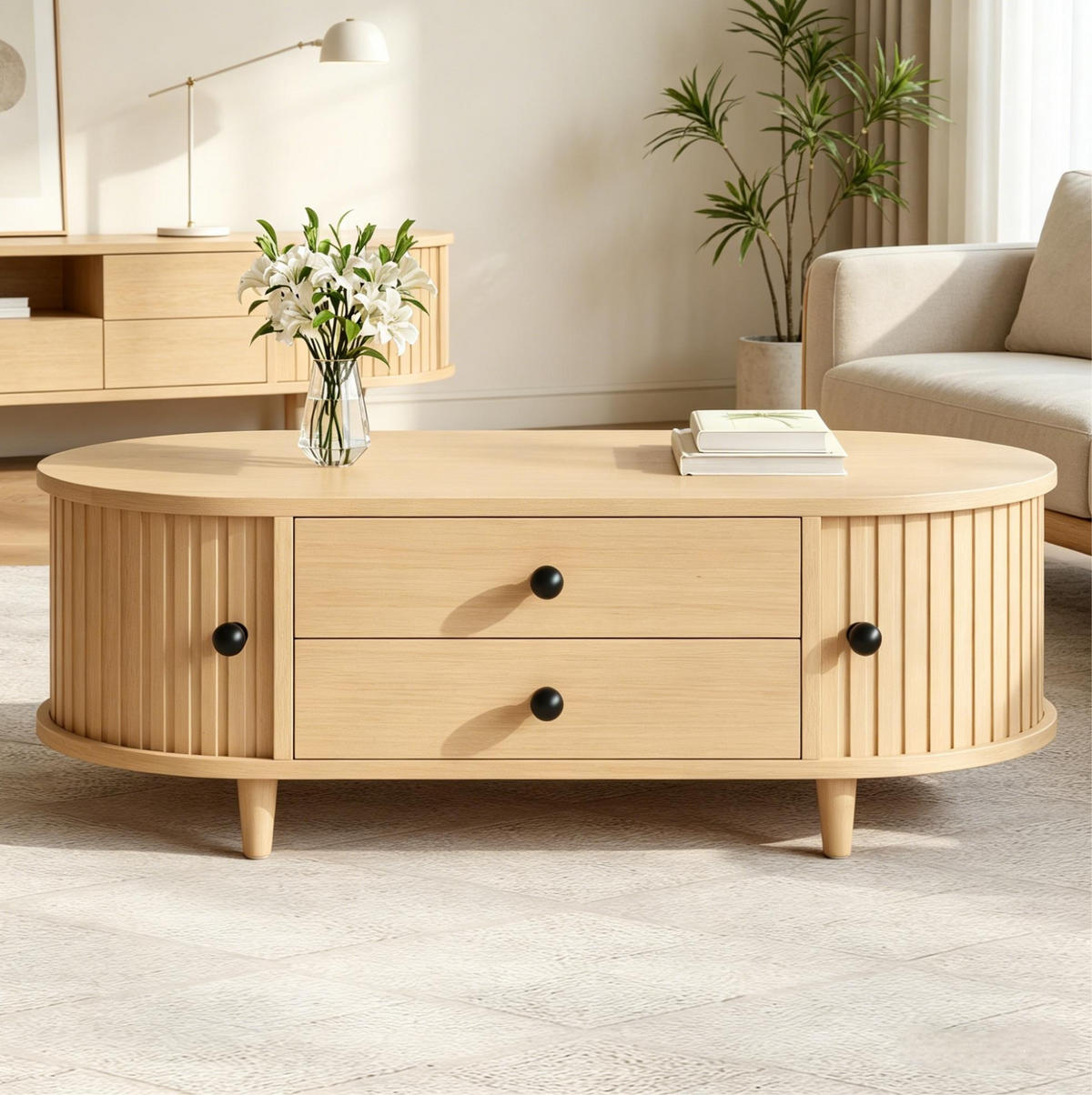 COUCHTISCH 100/50/36 cm Naturholz aus MDF mit Rolltüren und 2 Schubladen - Naturfarben, Holzwerkstoff (50/100/36cm) - OKWISH