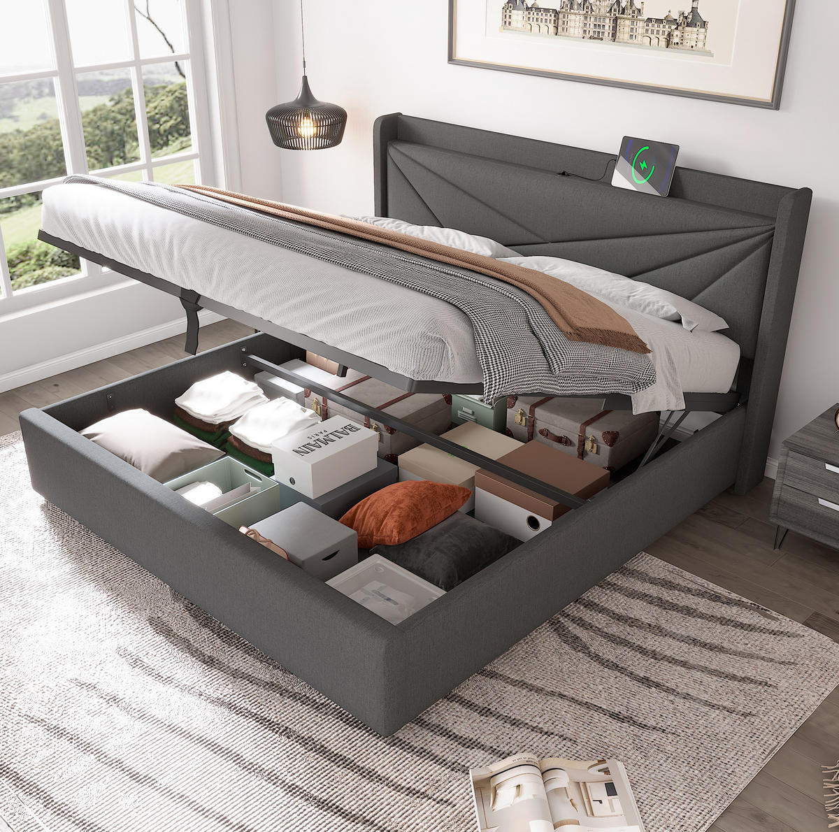 POLSTERBETT 180/200 cm grau aus Baumwolle, Leinen und Metall mit Bettkasten und Ladefunktion - Grau, Textil (180/200cm) - OKMYHOME