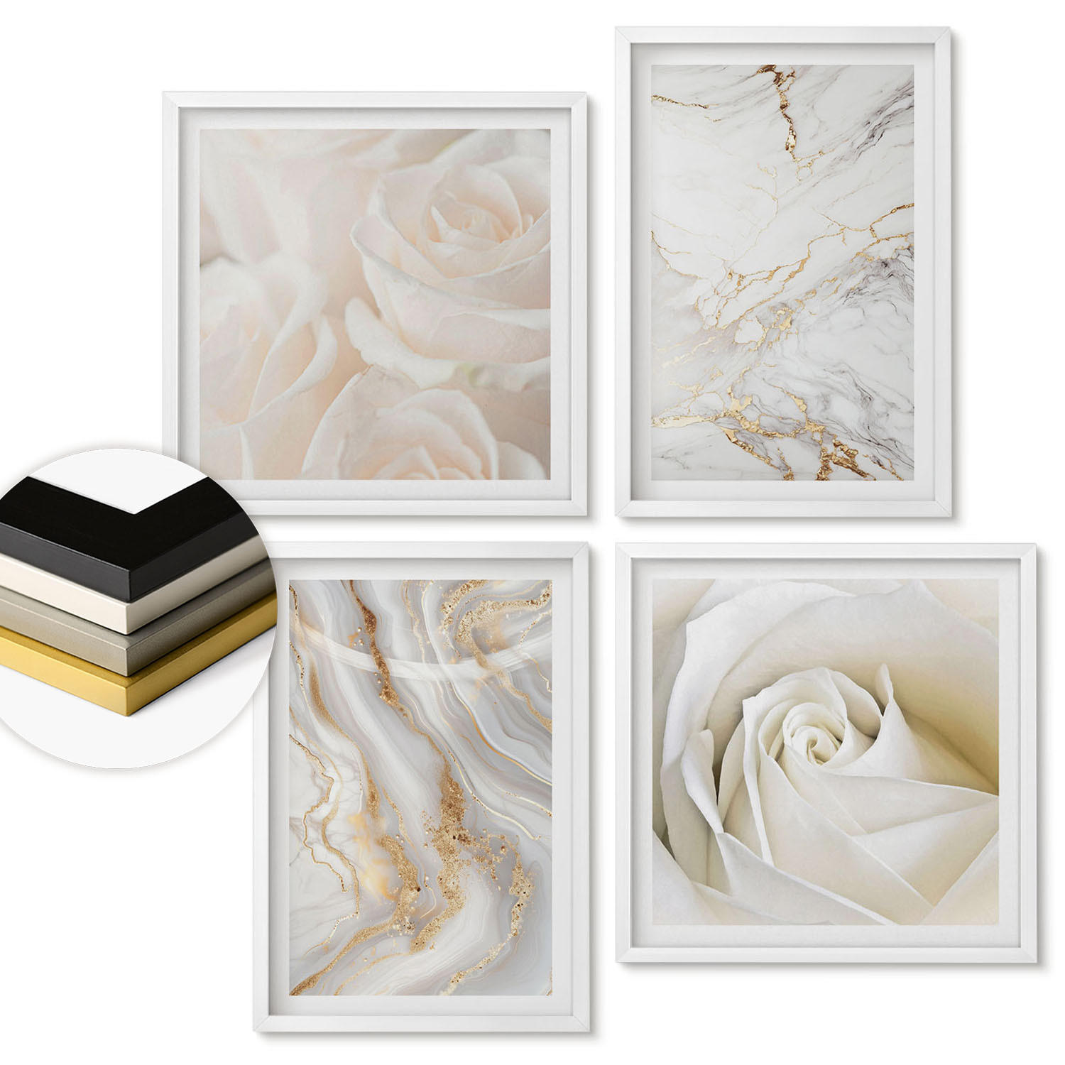 WANDBILDER 4er-Set - 50x50 cm & 40x60 cm Weißer Rahmen - Elegante Marmormuster - Weiß, Kunststoff (50/50cm) - ArtPrintCave