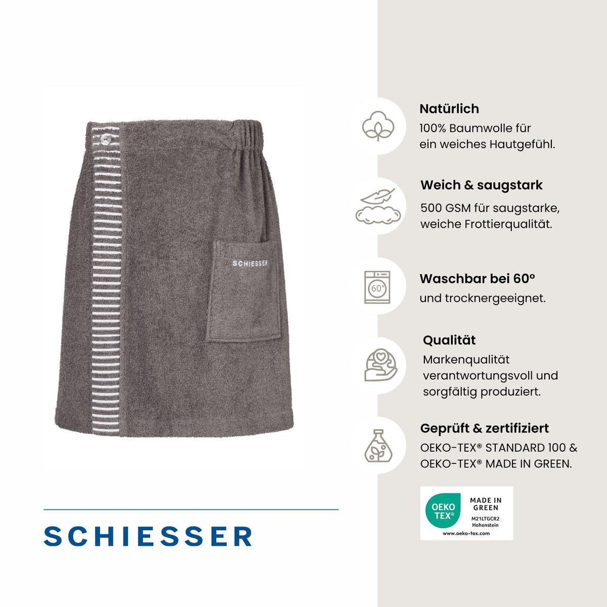 SAUNAKILT Rom Herren - 46-54 - Dunkelgrau - Dunkelgrau, Textil (55/150cm) - SCHIESSER