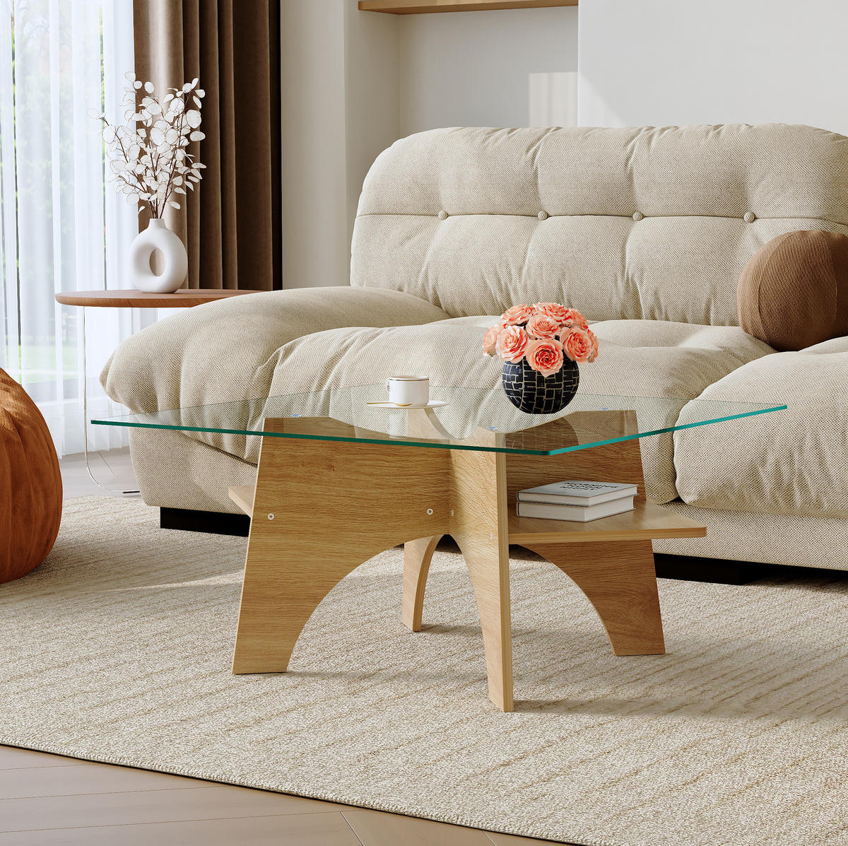 COUCHTISCH quadratisch 80 x 80 cm Glas Holzoptik - Transparent, Glas (80/80/40cm) - Meubliv