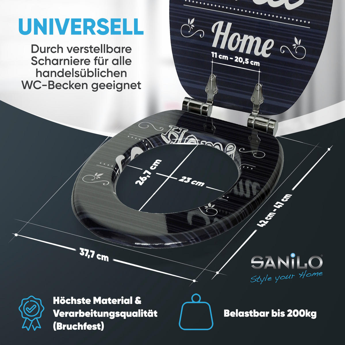 WC-SITZ Absenkautomatik Home Sweet Home - Blau, Holzwerkstoff (38/6/47cm) - Sanilo