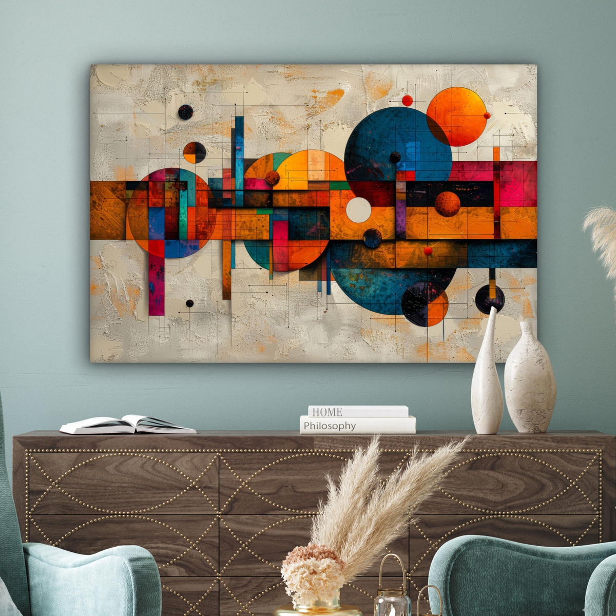 OBRAZ NA PLÁTNE Vintage - Moderné umenie - Oranžová - Geometrické tvary 120x80 cm - viacfarebná, textil (120/80cm) - MuchoWow
