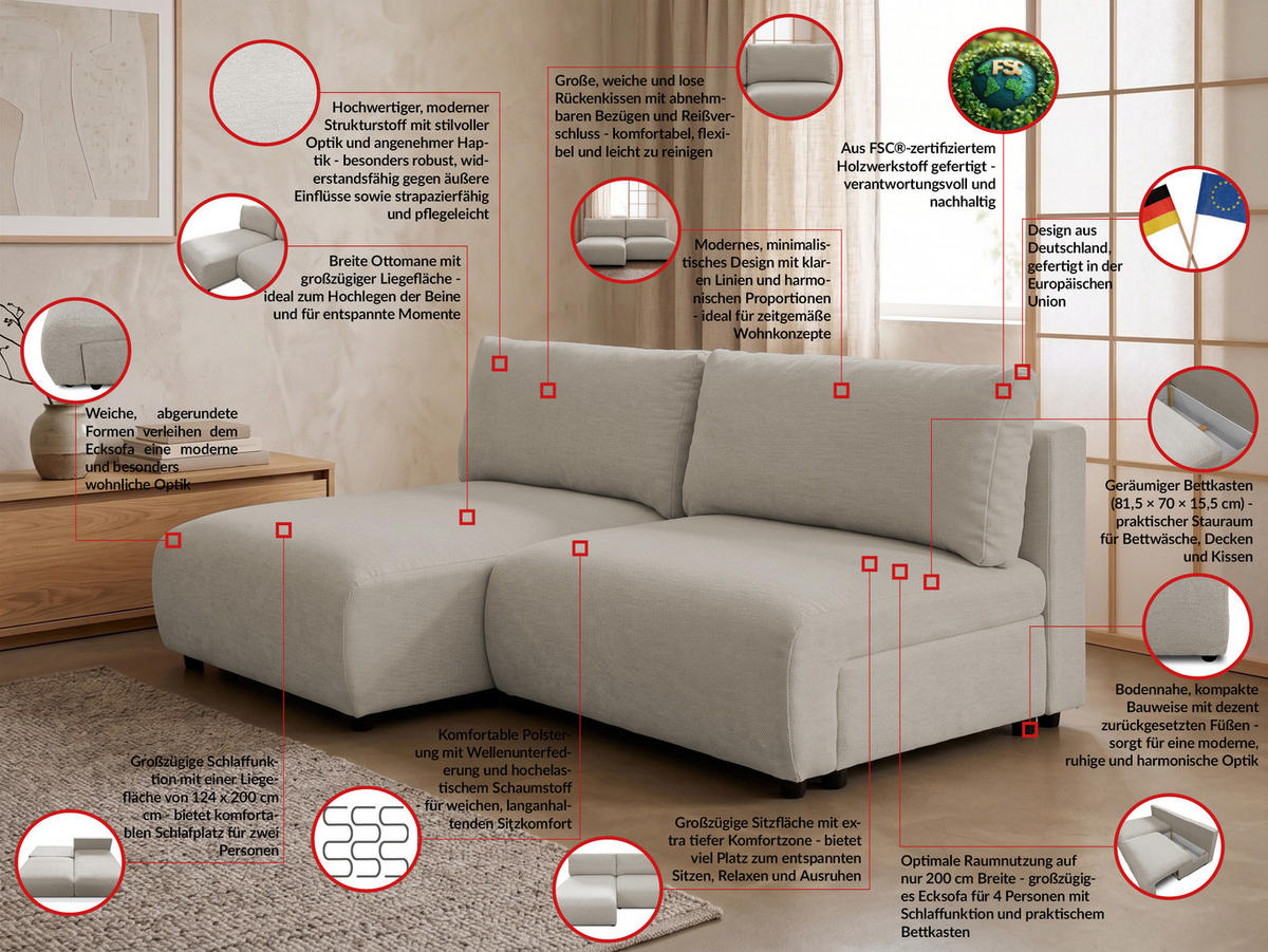 ECKSOFA Sora mit Schlaffunktion, Bettkasten und extra tiefer Komfortzone aus hochwertigem Taupe Strukturstoff - Taupe/Schwarz, Holz/Kunststoff (140/200cm) - S-Style