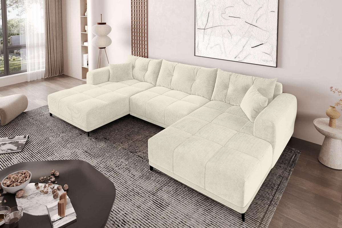 WOHNLANDSCHAFT Massimo Cordstoff Creme inkl. Schlaffunktion - Creme/Schwarz, Textil/Metall (356/94/181cm) - 99rooms