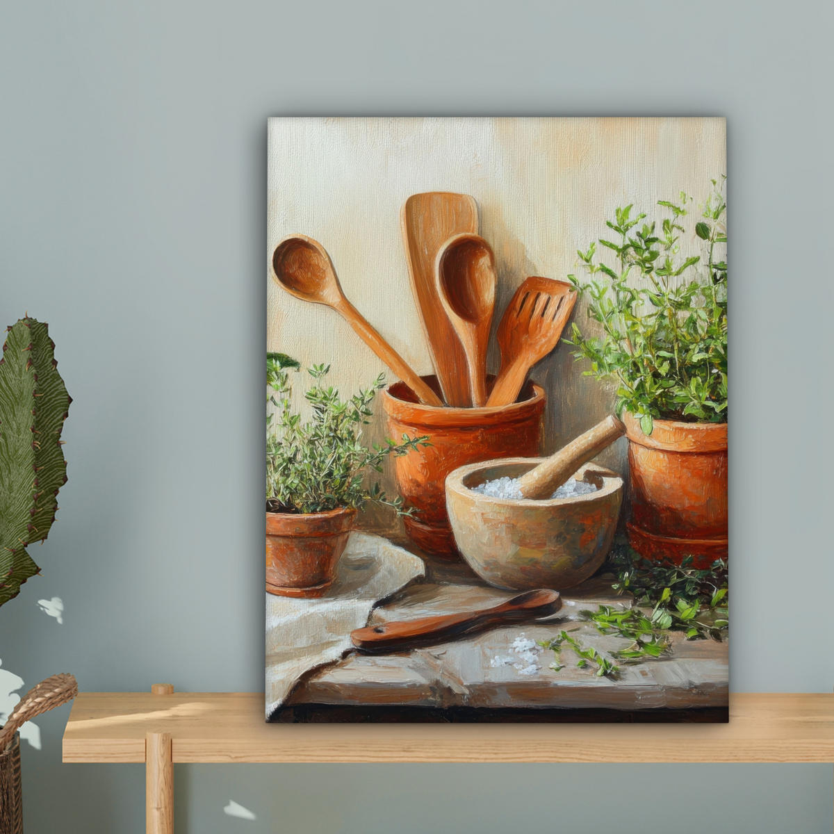 LEINWANDBILD Töpfe - Kräuter - Holz 30x40 cm - Terracotta, Textil (30/40cm) - MuchoWow