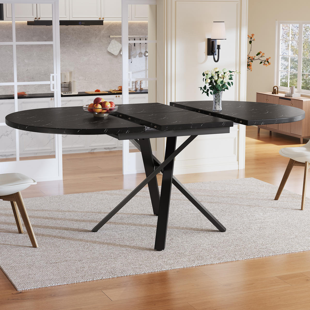 ESSTISCH 100-140x76 cm in Schwarz aus MDF mit Marmoroptik auf X-Gestell ausziehbar - Schwarz, Holzwerkstoff (100/140/75.5cm) - Modfu