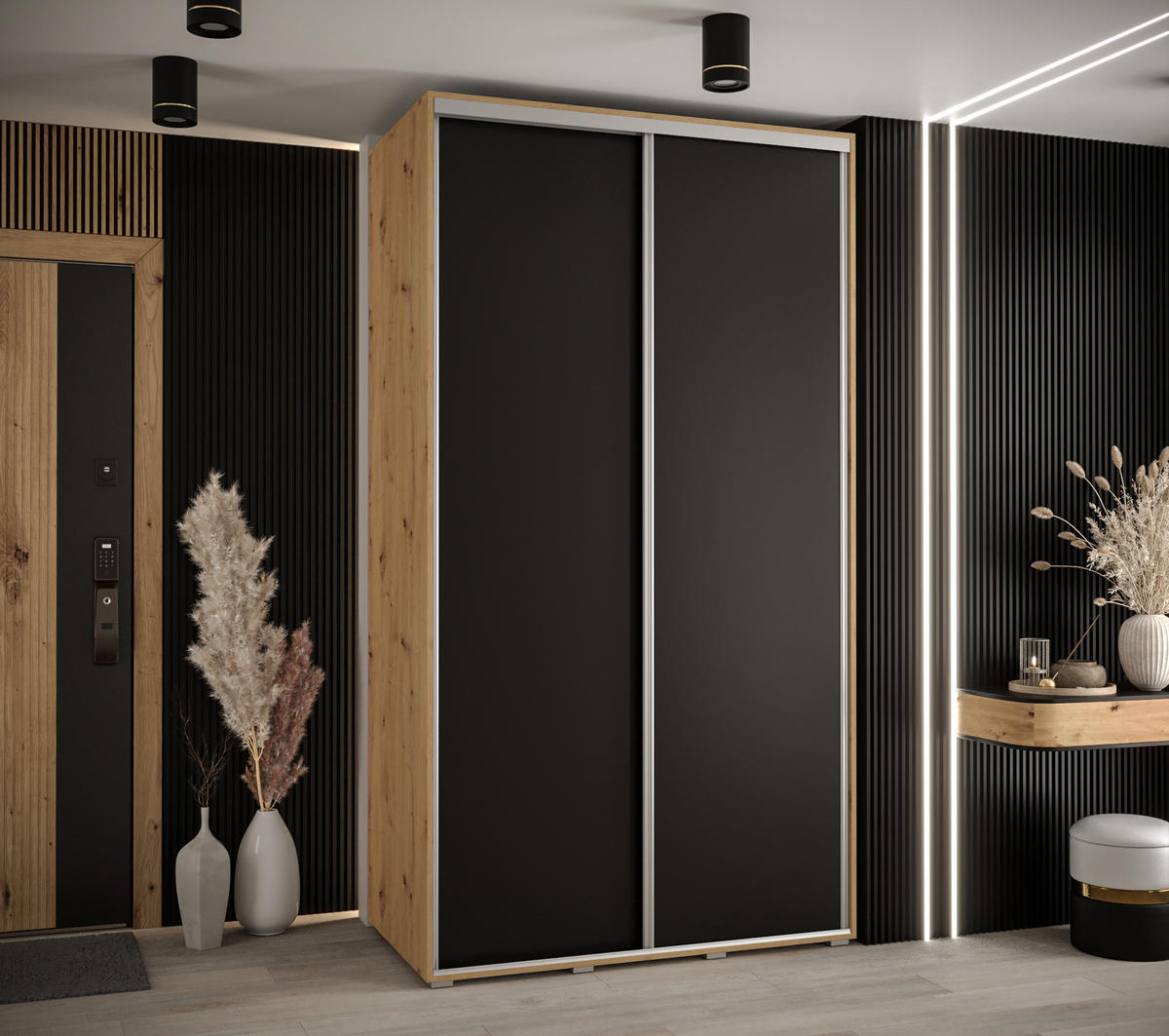 SCHWEBETÜRENSCHRANK 235,2/140/45 2-türig - Silberfarben/Schwarz, Holz/Metall (140/235/45cm) - Abiks Möbel