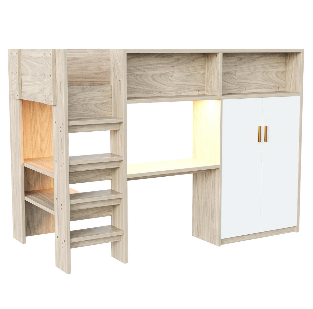 HOCHBETT 90x200 cm in Holzfarbe mit Schreibtisch, Kleiderschrank und LED-Beleuchtung - Naturfarben, Holzwerkstoff (90/200cm) - IVMEU