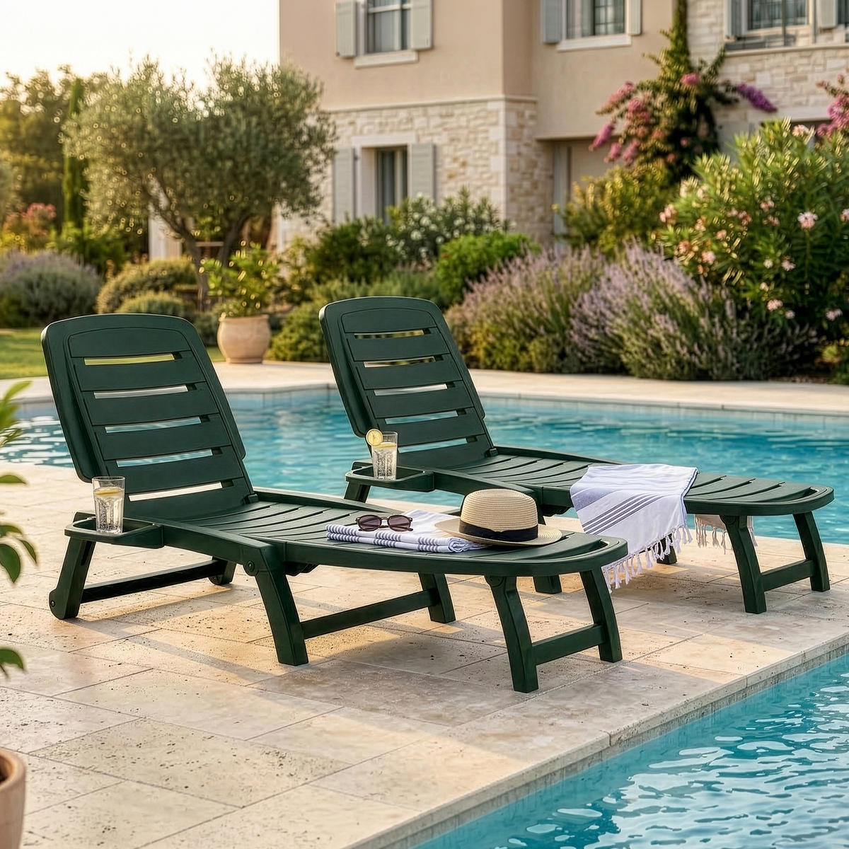 SONNENLIEGE BURRA 2-tlg, Dunkelgrün - Dunkelgrün, Kunststoff (64/87/146cm) - KONSIMO®