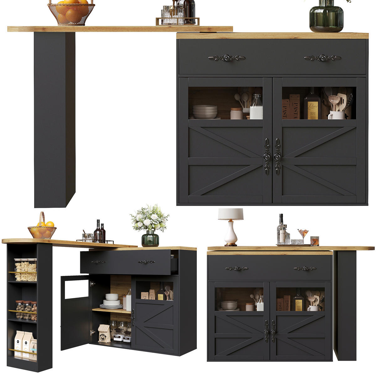 KÜCHENINSEL Schwarz 138-204x39x104 cm drehbar mit Stauraum - Schwarz, Holz (39/104/204cm) - SHOPENTRA
