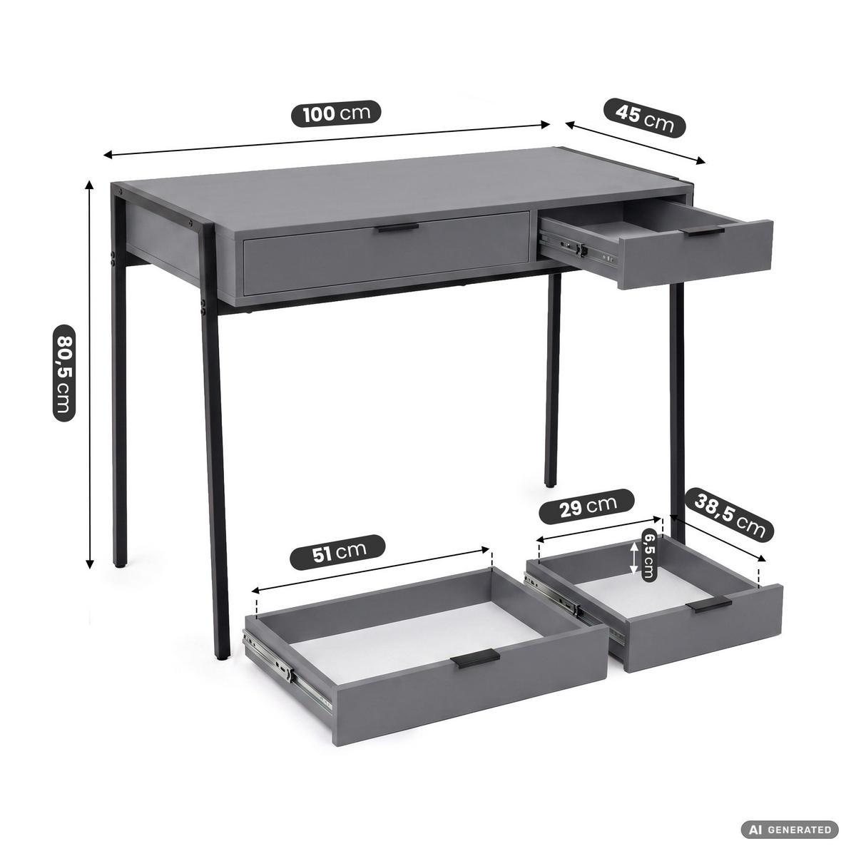 SCHREIBTISCH ZENTIA 100 cm Graphit - Graphitfarben/Schwarz, Holzwerkstoff (100/45/80.5cm) - Akord