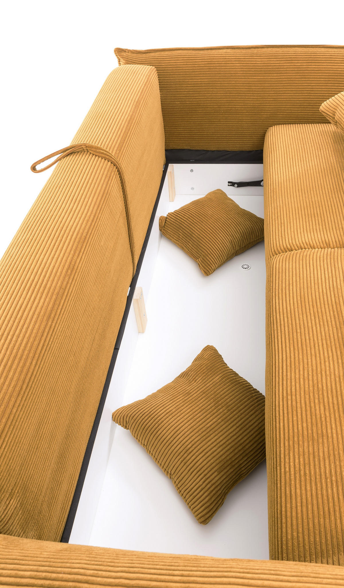 BIG-SOFA mit Schlaffunktion, Bettkasten, Federkern, Armlehnen verstellbar B242/T131/H90 cm, Liegefläche 168x199 cm, Cord Gold Ockergelb / 17213 - Currygelb/Chromfarben, Kunststoff/Textil (242/90/131cm) - luma-home