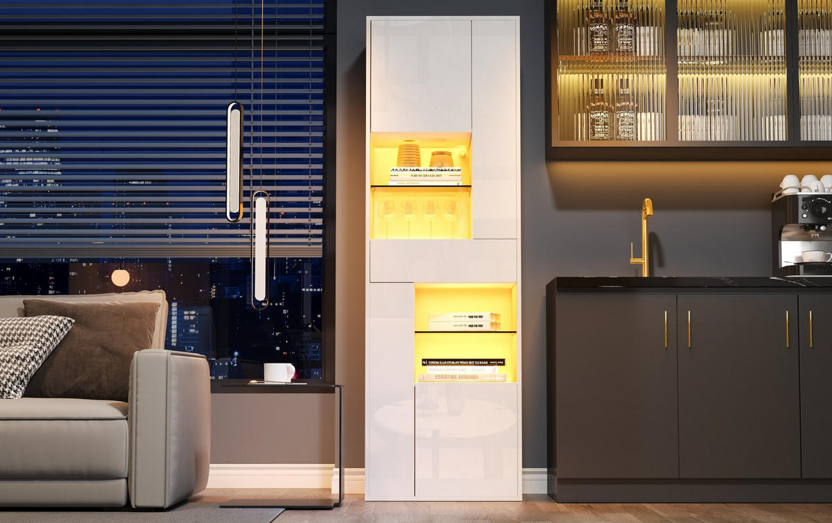 VITRINE 55/38/170 cm aus Spanplatte mit LED-Beleuchtung und Hochglanzfront Weiß - Weiß, Holzwerkstoff (55/170/38cm) - Modenvie