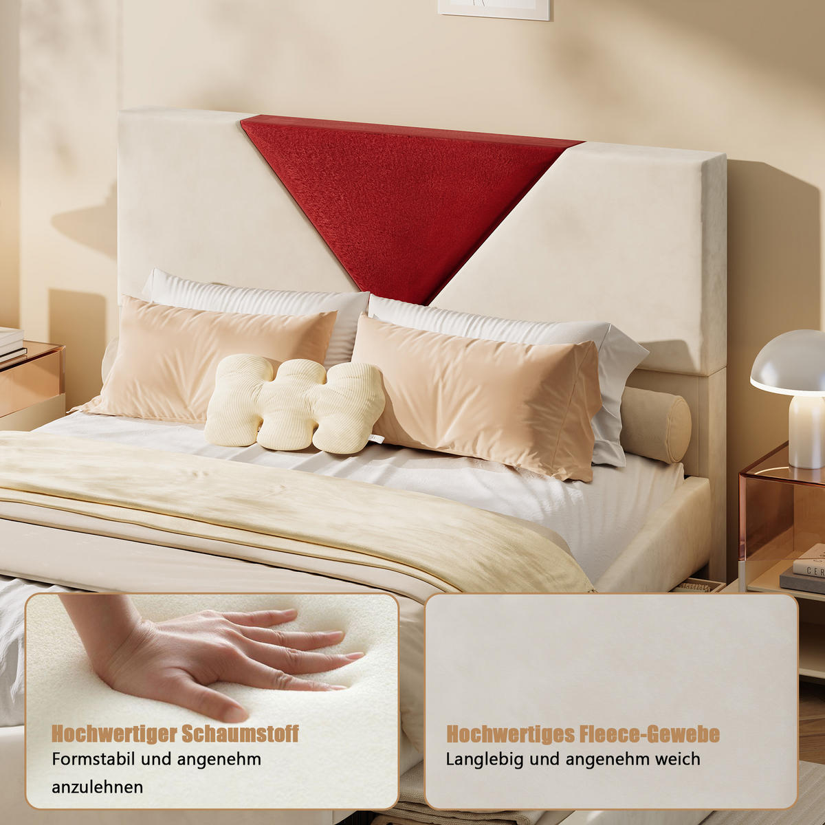 POLSTERBETT 140x200 cm - Zweifarbiges Dreiecksdesign in Bordeaux, LED-Kopfteil ajustable, Samtstoff, Moderner und schlichter Stil - Beige - Beige, Holzwerkstoff (140/200cm) - Brevoria
