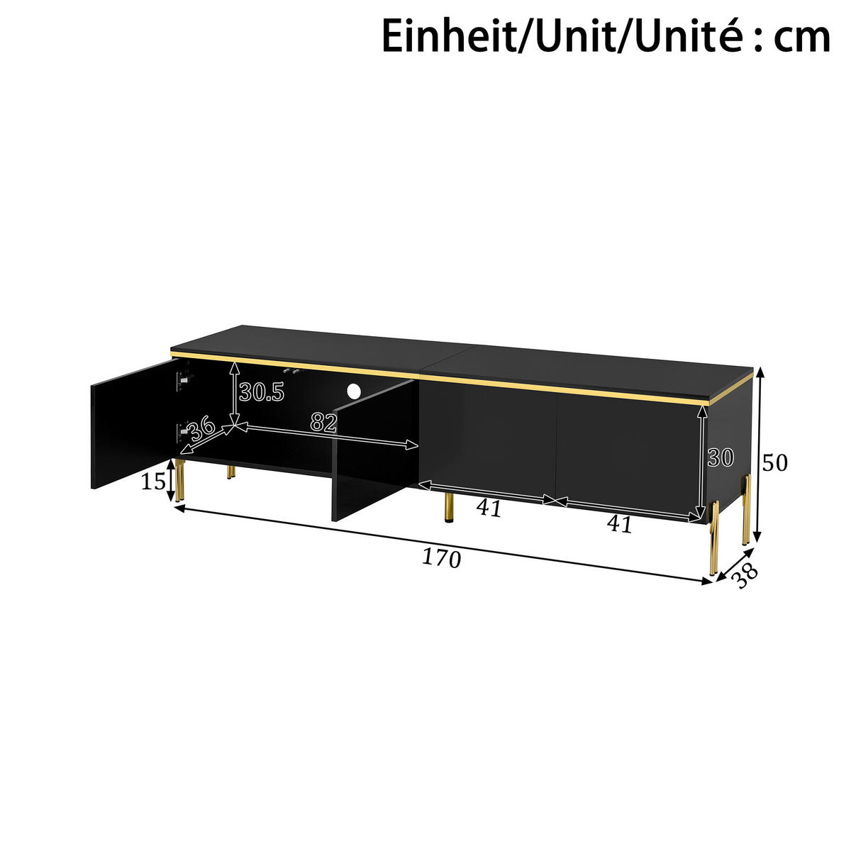TV-STÄNDER Hochglanz 4 Türen Stauraum Kabelschnittstelle Goldkante - Schwarz, Holzwerkstoff (38/50/170cm) - FLIEKS