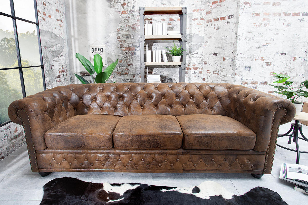 3-SITZER SOFA CHESTERFIELD Microfaser Braun 205 cm - Braun, Holz/Textil (205/73/85cm) - riess-ambiente