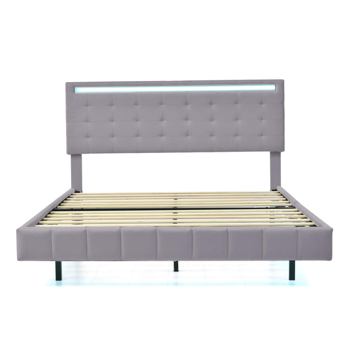 POLSTERBETT 140/200 cm mit LED, Bettgestell mit USB-C Anschluss, Doppelbett mit Polsterkopfteil und Lattenrost, grau - Grau, Holz/Metall (140/200cm) - Joyfair