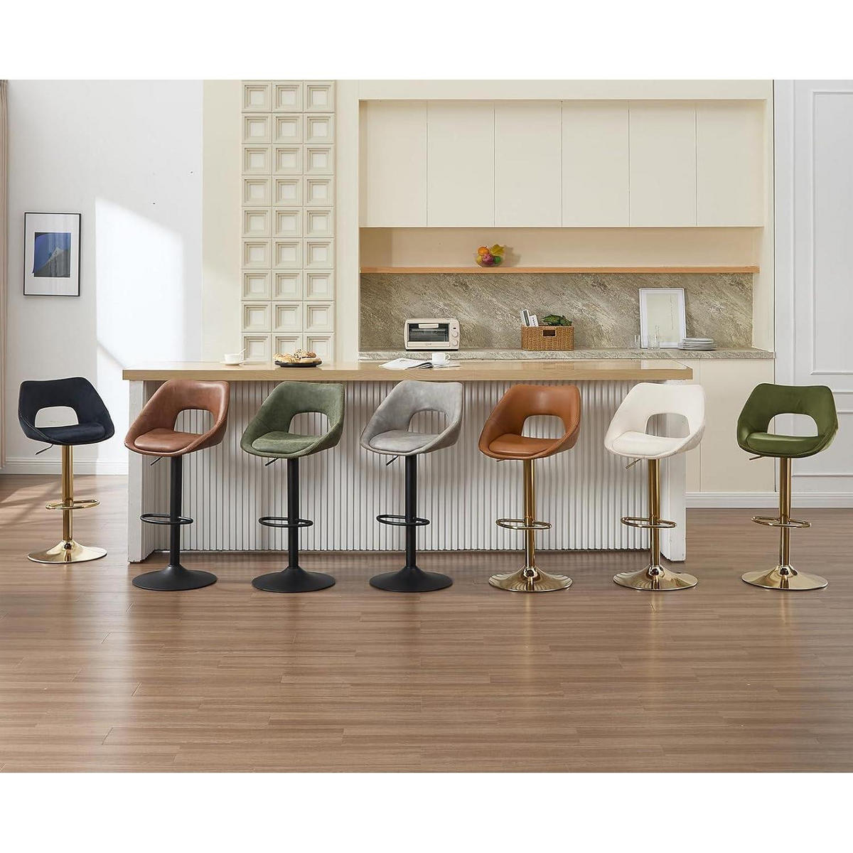 BARHOCKER 4er Set höhenverstellbar drehbar mit Rückenlehne und goldener Fußstütze, braun - Braun, Kunststoff (51/106.5/51cm)