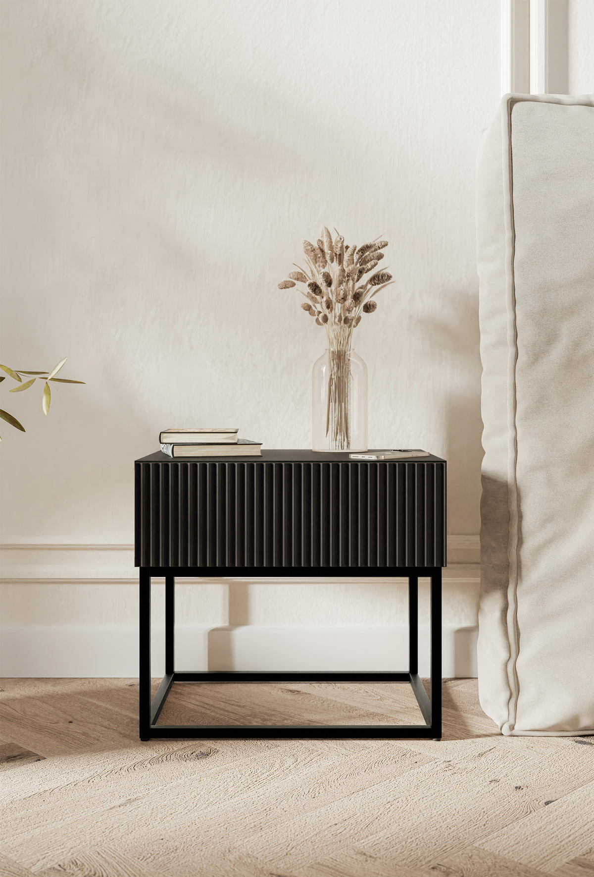 NACHTSCHRANK Veldio Schwarz mit schwarzen Beinen 50 cm - Schwarz, Holzwerkstoff/Metall (50/44/35.6cm) - Selsey