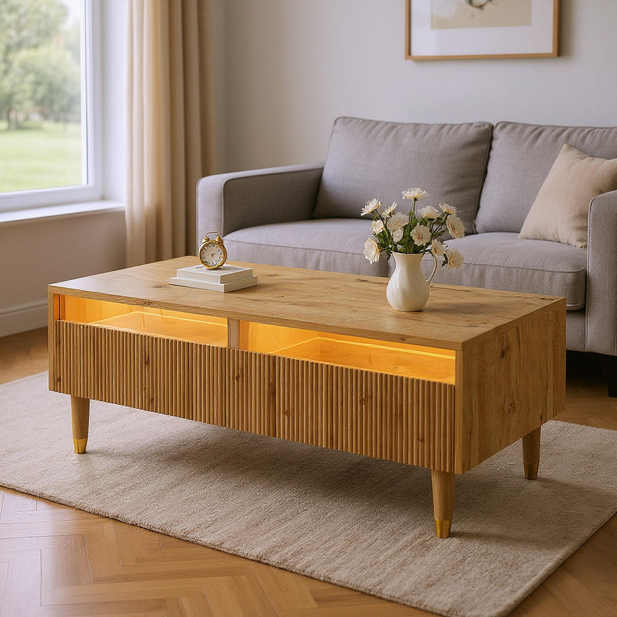 COUCHTISCH mit LED-Beleuchtung Eiche Nachbildung und 2 Schubladen - Eichefarben, Holzwerkstoff/Metall (50/110/40cm) - Urban Meuble