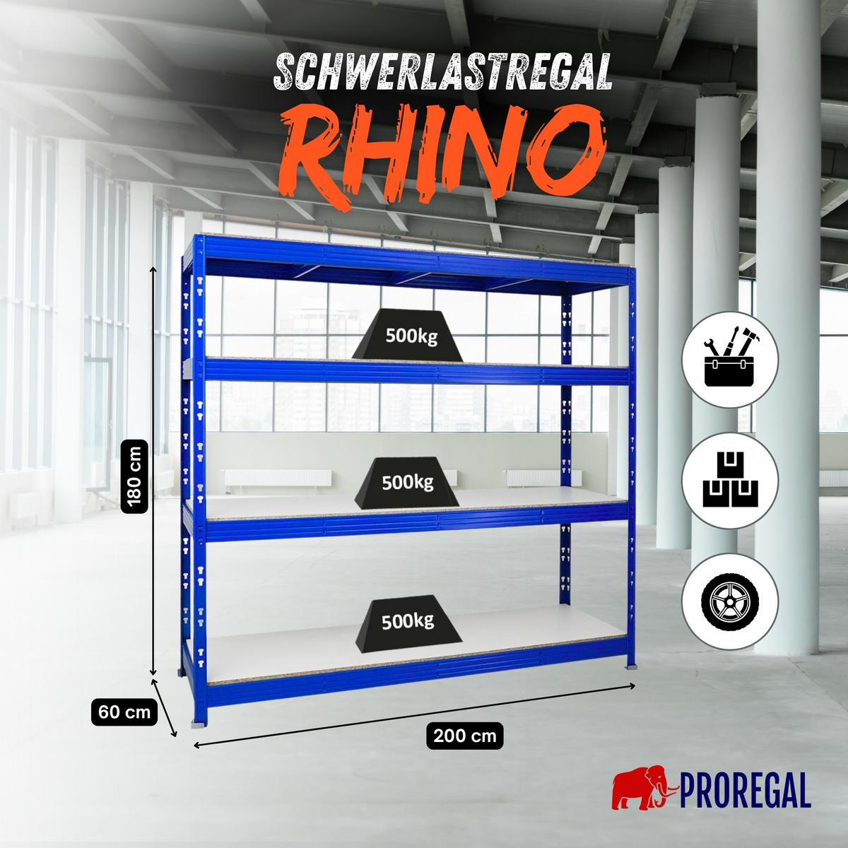 SCHWERLASTREGAL Rhino 180x200x60 cm 4 Melamin-Ebenen 16mm Fachlast 500 kg Blau - Blau/Weiß, Metall (200/180/60cm) - PROREGAL