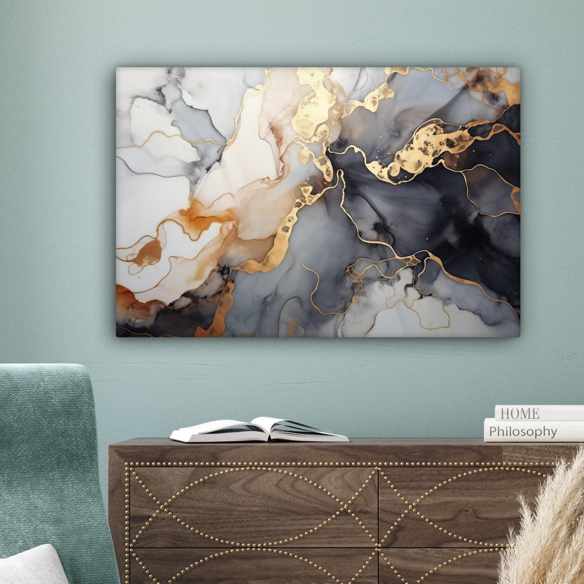 LEINWANDBILD Marmor - Schwarz - Gold - Weiß Gemälde 60x40 cm - Dunkelgrau, Textil (60/40cm) - MuchoWow