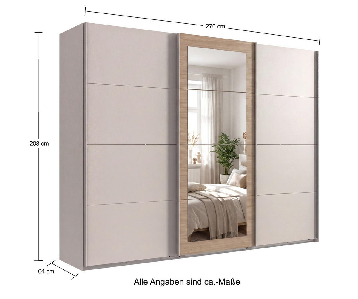 SCHWEBETÜRENSCHRANK 3-türig B270/H208/64 cm Kleiderschrank in Beige Grau, Spiegel umrahmt in Eiche Natur, Griffe Beige Grau / 22628 - Beige, Holzwerkstoff/Metall (270/208/64cm) - luma-home