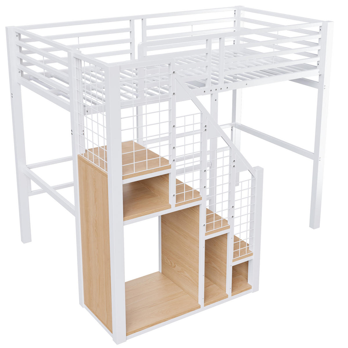 HOCHBETT aus Metall und MDF 90x200 cm Weiß mit Stauraum, Treppe und Ablagefläche - Weiß, Metall (90/200cm) - IVMEU