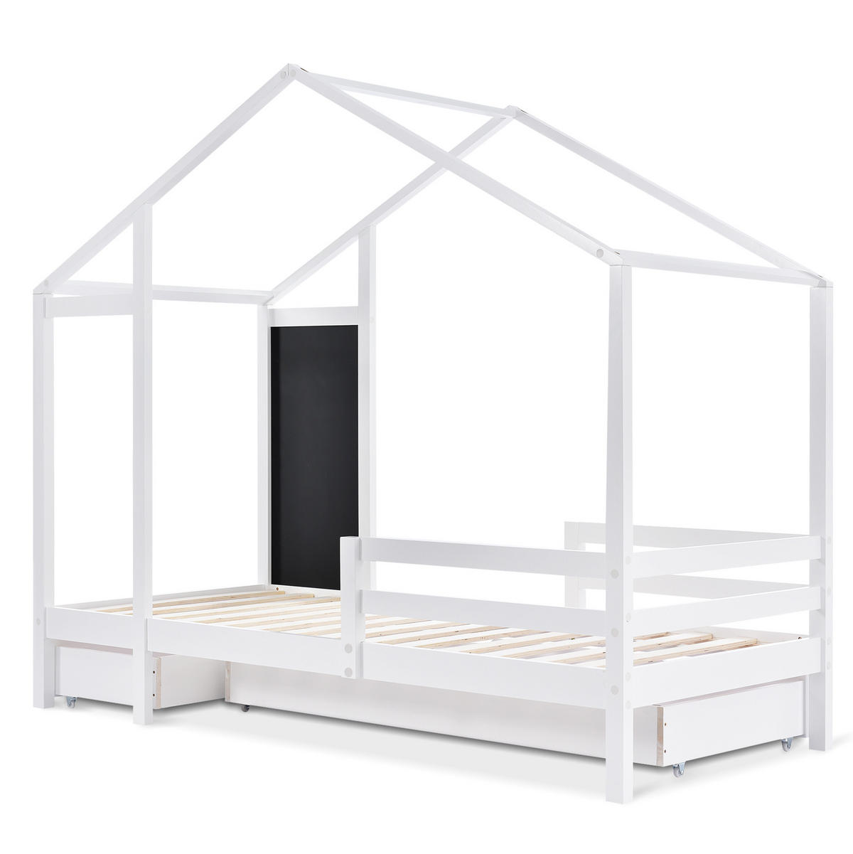 HAUSBETT 90/200 cm Weiß aus Massivholz mit Tafel und 2 Schubladen - Weiß, Holz (90/200cm) - Flora Grace