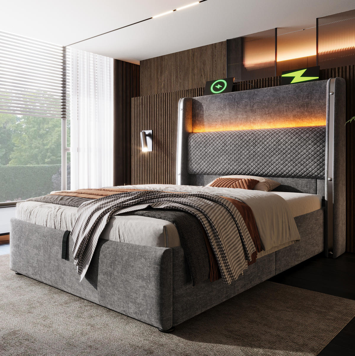 ČALÚNENÁ posteľ z ľanovej tkaniny 90x200 cm sivá s LED, USB/Type-C a hydraulickým úložným priestorom - sivá, textil (90/200cm) - Modfu