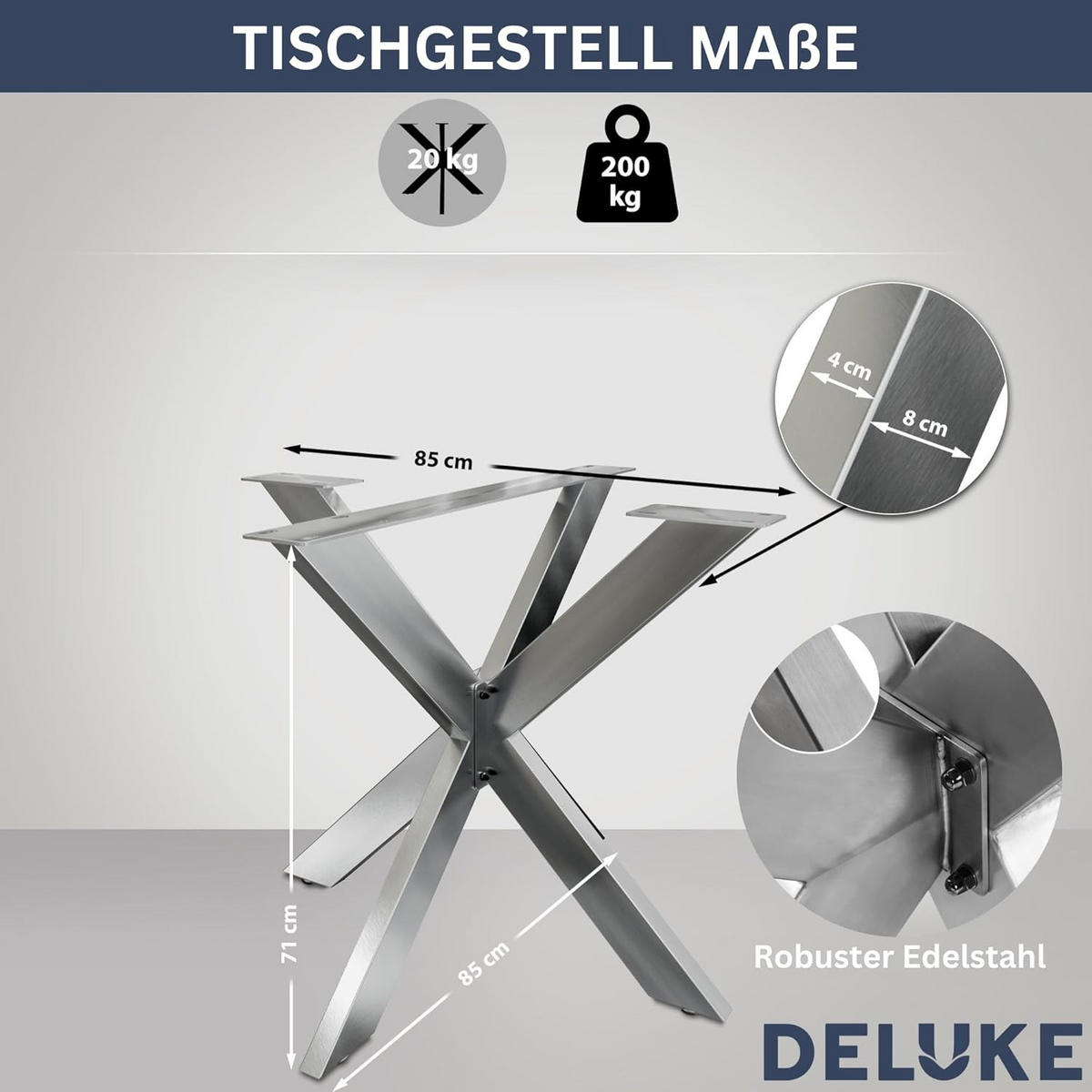 TISCHGESTELL Metall KRYT Edelstahl | inkl. Schrauben + Bodenschoner | 71x85x85cm - Edelstahlfarben, Metall (85/71/85cm) - DELUKE