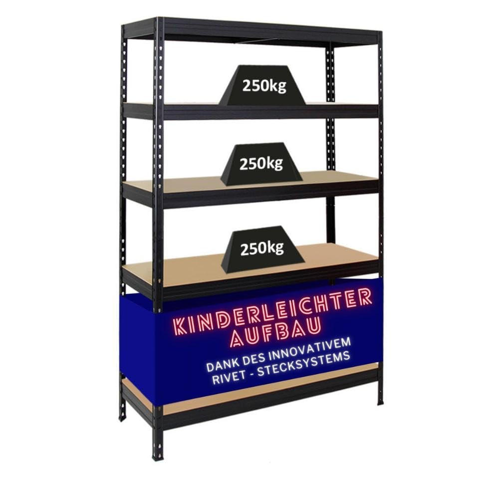SCHWERLASTREGAL Rivet 180x120x45 cm Fachlast 250 kg Innovatives Stecksystem Schwarz - Schwarz, Metall (120/180/45cm) - PROREGAL