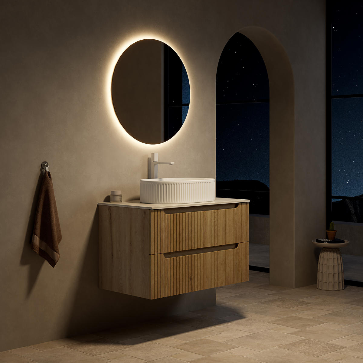 WASCHTISCHUNTERSCHRANK 80x46x62.2cm Weiß/Eiche mit ovalem Keramikbecken & 2 Schubladen - Eichefarben, Keramik (80/62.2/46cm) - Modfu