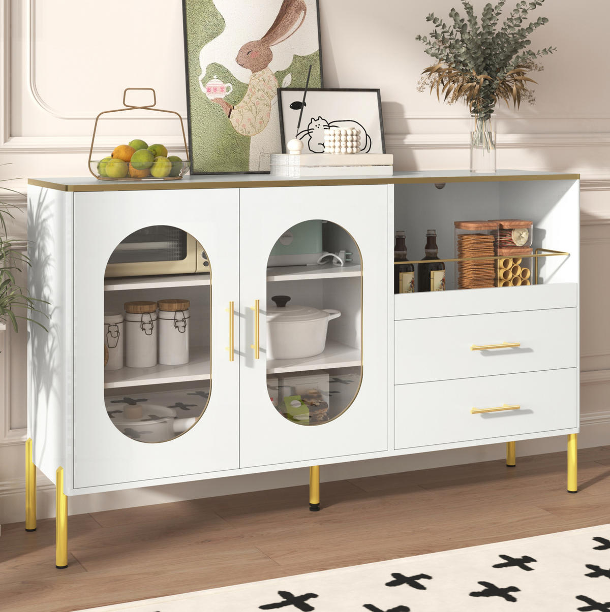 SIDEBOARD in Weiß mit goldenen Griffen und Beinen, 2 Schubladen und 2 Glastüren, 140/38/90 cm, Weiß - Weiß, Holzwerkstoff (120/90/38cm) - Redom