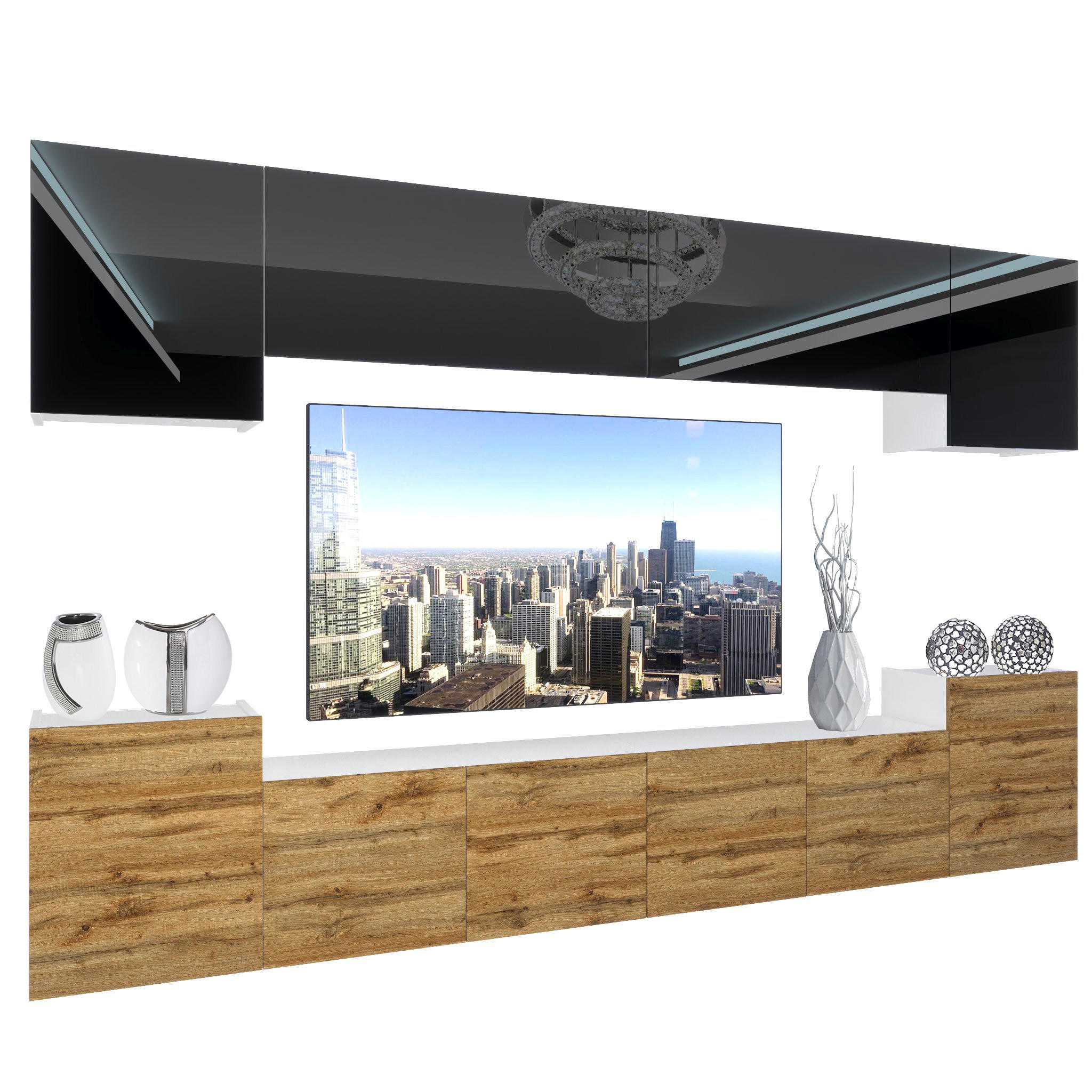 WOHNZIMMERWAND Schrankwand mit LED Schwarz Top / Wotan Eiche - Eichefarben/Schwarz, Holz (300/180/36cm) - B BELINI GROUP