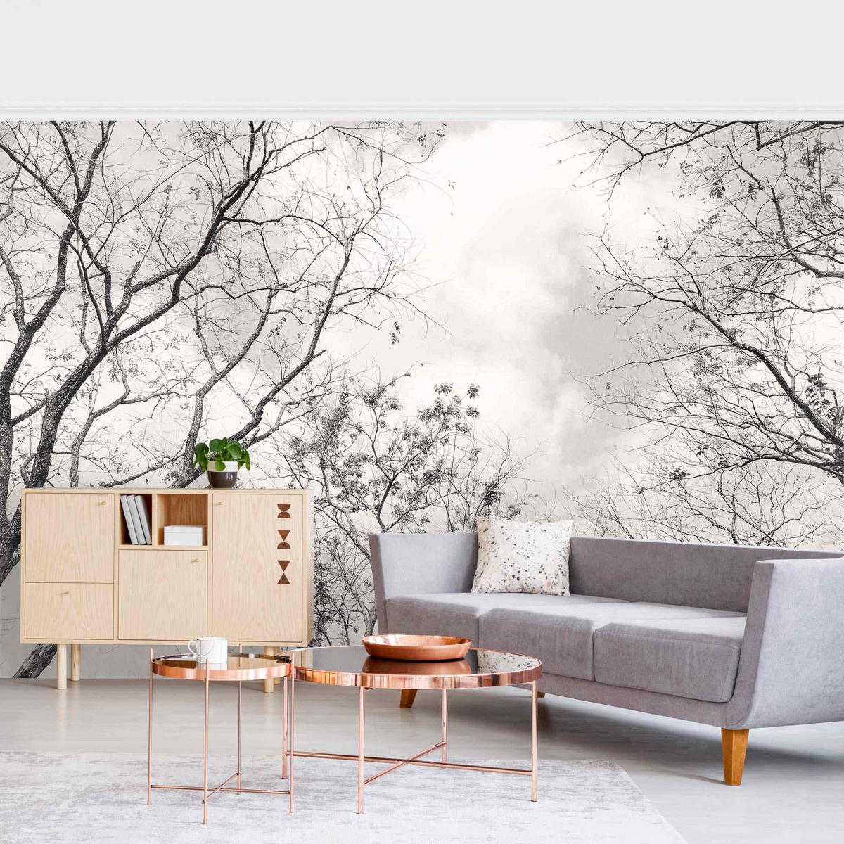 FOTOTAPETE Baumkronen im Himmel in Warmgrau 336/225 cm - Grau, Papier (336/225cm) - Bilderwelten