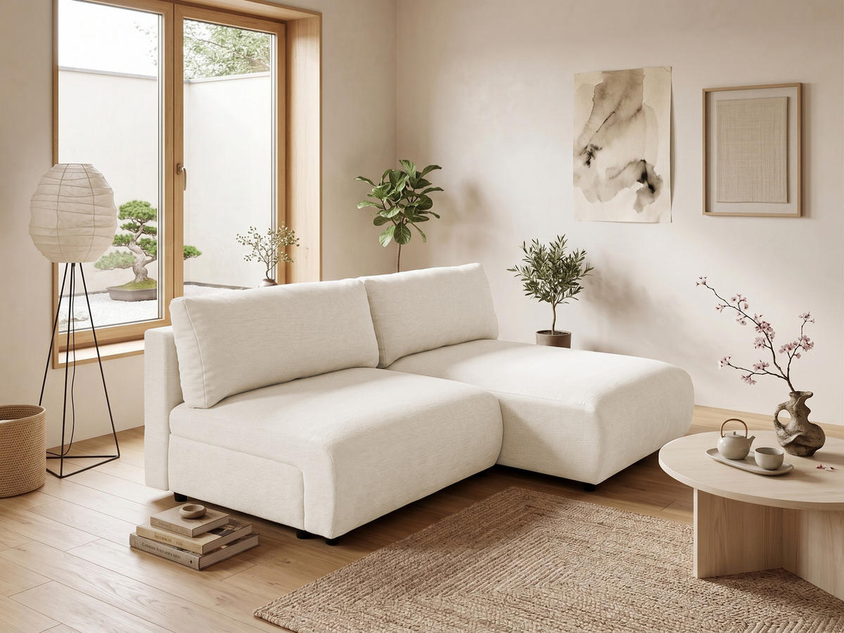 ECKSOFA Sora mit Schlaffunktion, Bettkasten und extra tiefer Komfortzone aus hochwertigem Hellbeige Strukturstoff - Beige/Schwarz, Holz/Kunststoff (200/140cm) - S-Style