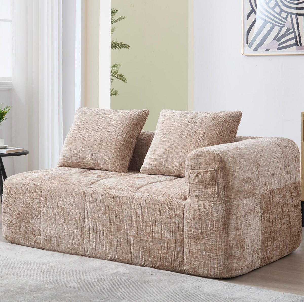POHOVKA 158/90/60 cm khaki z chenille s kapsami a polštářem - písková barva, textil (60/158/90cm) - OKWISH